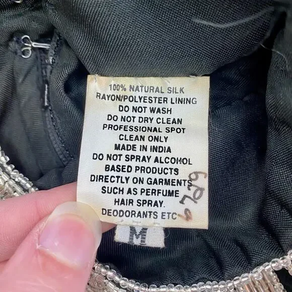 Vintage 1980s Black Beaded Silk Long Maxi Evening Gown Womens Medium - Picture 13 of 16